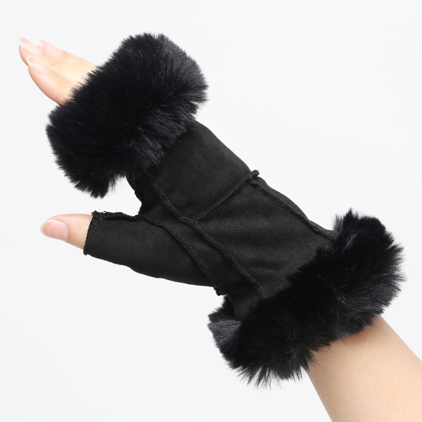  フェイクスエード マイクロボア裏地 フィンガーレス レディース 防寒 手袋 ブラック 黒 黒色 日本企画 ブランド クリスマス かわいい 女性 ギフト プレゼント 指無し グローブ おしゃれ チクチクしない KURODA(クロダ)