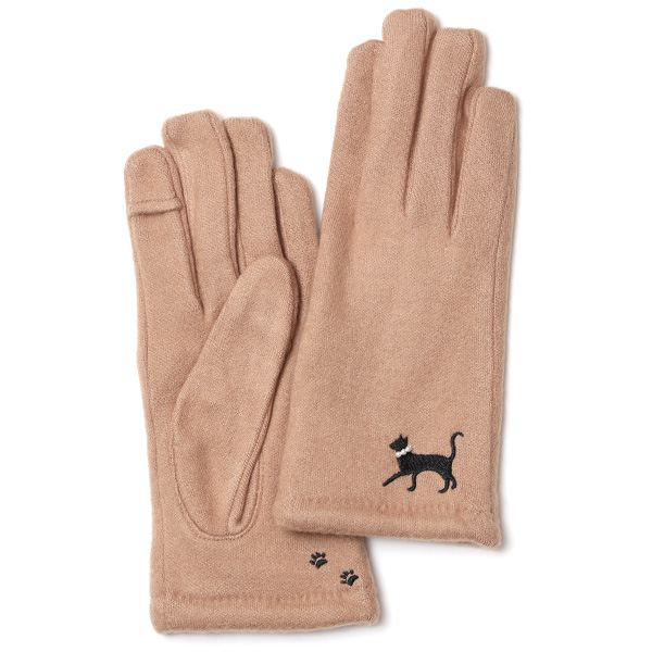 KURODA(クロダ) 起毛ジャージ マイクロボア裏地 スマホ操作可 おさんぽねこ 刺繍 レディース 手袋 キャメル