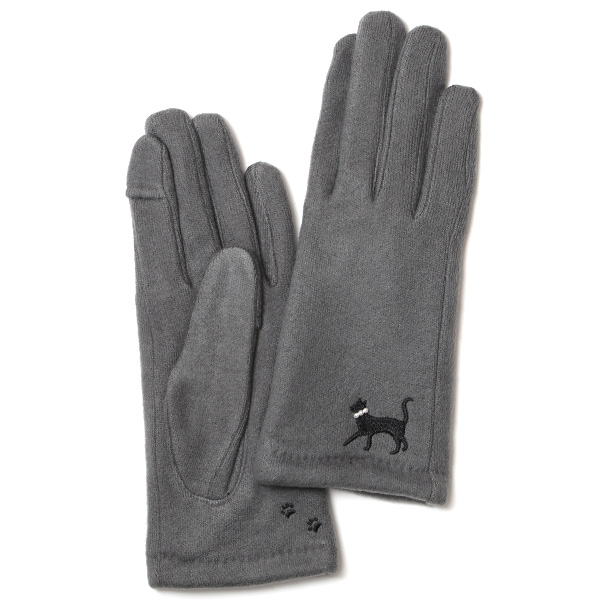 KURODA(クロダ) 起毛ジャージ マイクロボア裏地 スマホ操作可 おさんぽねこ 刺繍 レディース 手袋 グレー
