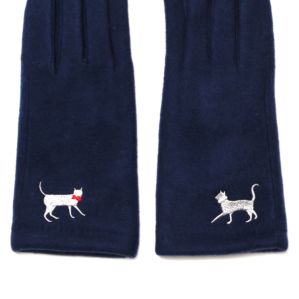  KURODA(クロダ) おさんぽねこ レディース 手袋 スマホ操作可能 ブルー ネイビー 青色 暖かい 裏起毛 防寒 猫 動物 アニマル キャラクター 刺繍 かわいい 暖かい 裏起毛 日本企画 ブランド タッチパネル スマートフォン