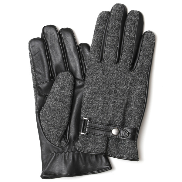 KURODA(クロダ) ハリスツイード スマホ操作可能 羊革 ベルト付き メンズ 本革手袋 グレー