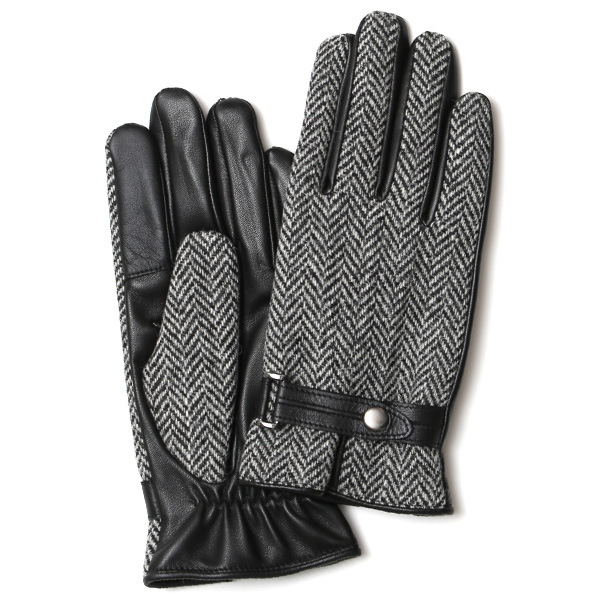 KURODA(クロダ) ハリスツイード スマホ操作可能 羊革 ベルト付き メンズ 本革手袋 グレー/ヘリンボーン