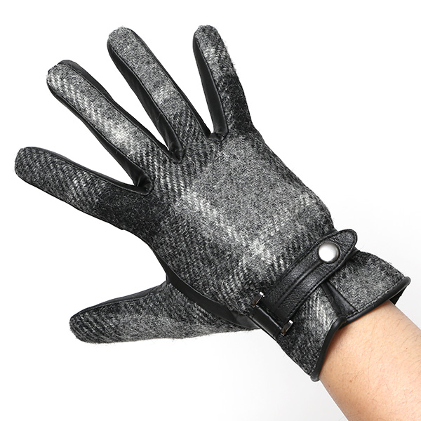 ハリスツイード 手袋 メンズ 防寒 暖かい 裏起毛 レザー 本革手袋 グレー グレイ 灰色 日本製 ブランド 通勤 ビジネス クリスマス プレゼント ギフト 化粧箱付き おしゃれ 高級 KURODA(クロダ)