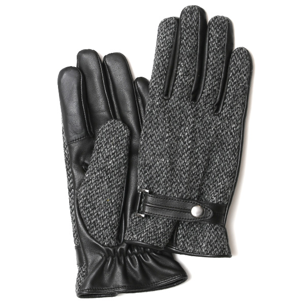 KURODA(クロダ) ハリスツイード スマホ操作可能 羊革 ベルト付き メンズ 本革手袋 グレー/ミックス