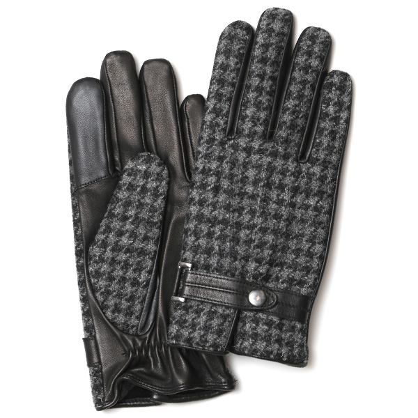 KURODA(クロダ) ハリスツイード スマホ操作可能 羊革 ベルト付き メンズ 本革手袋 グレー/千鳥