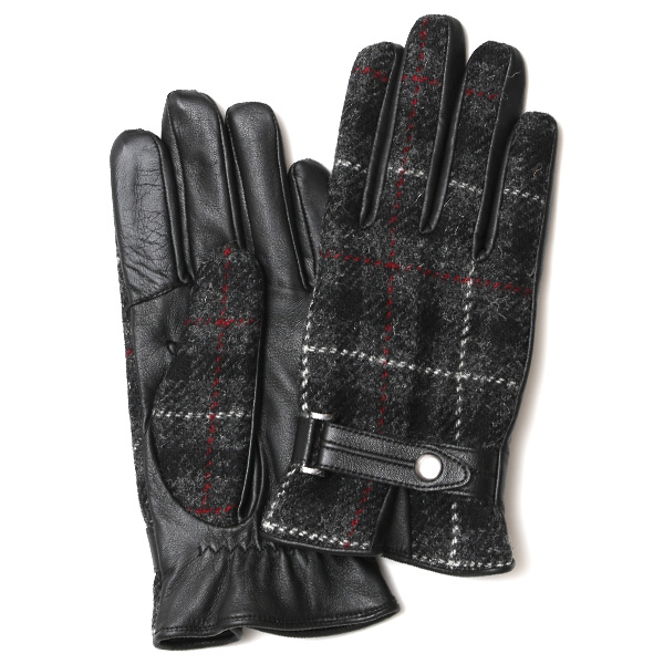 KURODA(クロダ) ハリスツイード スマホ操作可能 羊革 ベルト付き メンズ 本革手袋 ダークグレー/チェック