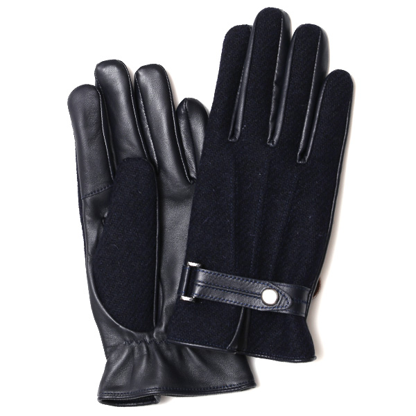 KURODA(クロダ) ハリスツイード スマホ操作可能 羊革 ベルト付き メンズ 本革手袋 ネイビー