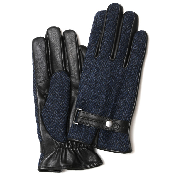 KURODA(クロダ) ハリスツイード スマホ操作可能 羊革 ベルト付き メンズ 本革手袋 ネイビー/ヘリンボーン