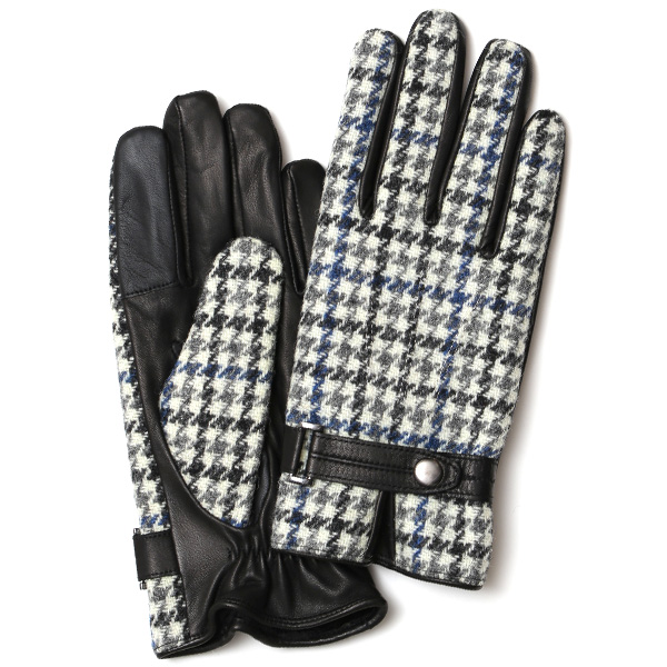 KURODA(クロダ) ハリスツイード スマホ操作可能 羊革 ベルト付き メンズ 本革手袋 ネイビー/千鳥