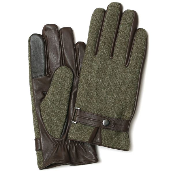 KURODA(クロダ) ハリスツイード スマホ操作可能 羊革 ベルト付き メンズ 本革手袋 カーキ