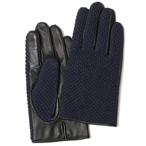 KURODA(クロダ) 鹿子編みニット 羊革 スマホ操作可能 メンズ 本革手袋 ネイビー