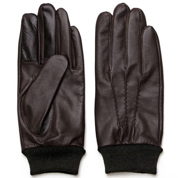 佐々木手袋 メンズ 牛革 三本山革手袋 リブ付き ダークブラウン