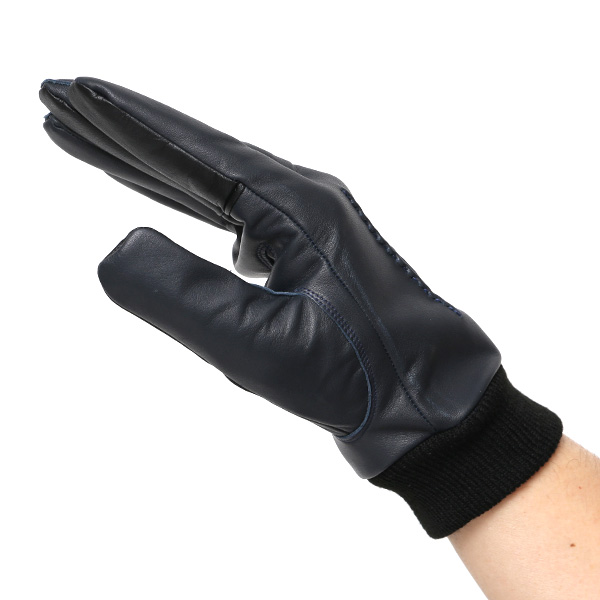  佐々木手袋 日本製 牛革 レザー メンズ 手袋 スマートフォン対応 ブルー ネイビー 青色 リブ付き カフス付き 防寒 革手袋 本革 国産 オールレザー 化粧箱付き スマホ対応 タッチパネル 操作可能 高級 おしゃれ プレゼント 男性 大人 通勤 三本山 暖かい