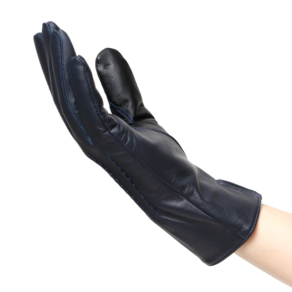  佐々木手袋 日本製 牛革 レザー レディース 手袋 スマートフォン対応 ブルー ネイビー 青色 防寒 革手袋 本革 国産 オールレザー 化粧箱付き スマホ対応 タッチパネル 操作可能 高級 おしゃれ プレゼント 女性 大人 通勤 三本山 経年変化 味わい 暖かい