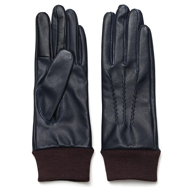 佐々木手袋 レディース 牛革 三本山革手袋 リブ付き ネイビー