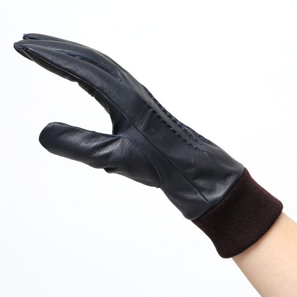 佐々木手袋 日本製 牛革 レザー レディース 手袋 スマートフォン対応 ブルー ネイビー 青色 リブ付き カフス付き 防寒 革手袋 本革 国産 オールレザー 化粧箱付き スマホ対応 タッチパネル 操作可能 高級 おしゃれ プレゼント 女性 大人 通勤 三本山 暖かい