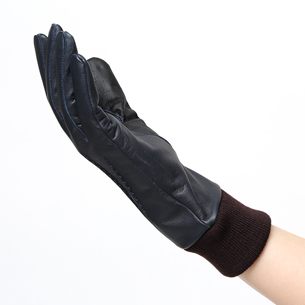 佐々木手袋 日本製 牛革 レザー レディース 手袋 スマートフォン対応 ブルー ネイビー 青色 リブ付き カフス付き 防寒 革手袋 本革 国産 オールレザー 化粧箱付き スマホ対応 タッチパネル 操作可能 高級 おしゃれ プレゼント 女性 大人 通勤 三本山 暖かい