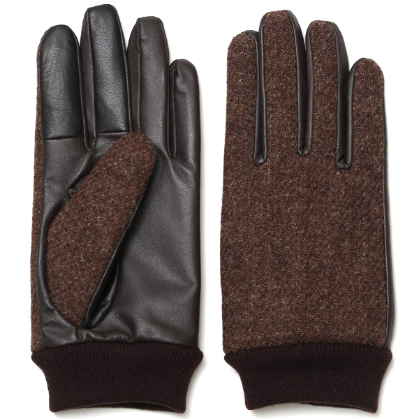 佐々木手袋 メンズ ハリスツイード×牛革 リブ付き ダークブラウン