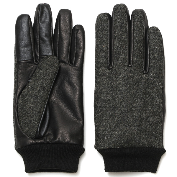佐々木手袋 メンズ ハリスツイード×牛革 リブ付き ダークグレー