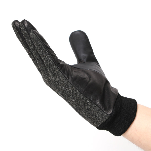 佐々木手袋 日本製 ハリスツイード 牛革 レザー メンズ 手袋 スマートフォン対応 ダークグレー グレー グレイ 灰色 リブ付き カフス付き 防寒 革手袋 本革 国産 オールレザー 化粧箱付き スマホ対応 タッチパネル 操作可能 高級 おしゃれ プレゼント 男性 暖かい