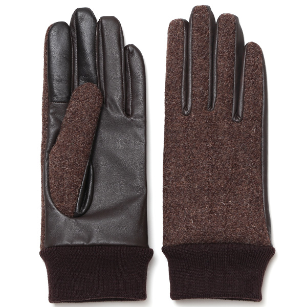 佐々木手袋 レディース ハリスツイード×牛革 リブ付き ダークブラウン
