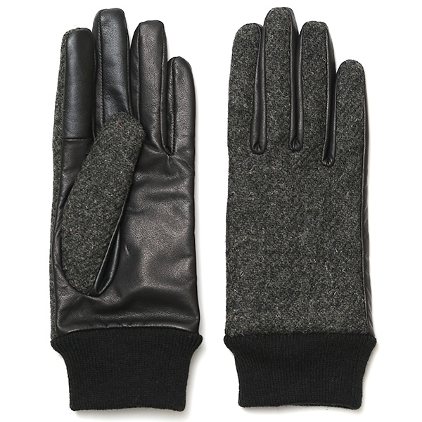 佐々木手袋 レディース ハリスツイード×牛革 リブ付き ダークグレー