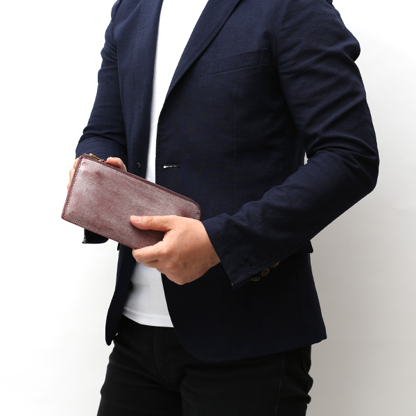  長財布 メンズ 本革 レザー ラウンドファスナー レッド ワイン 赤色 小銭入れあり 薄型 薄まち コインケース トワクレ(Trois Clefs)