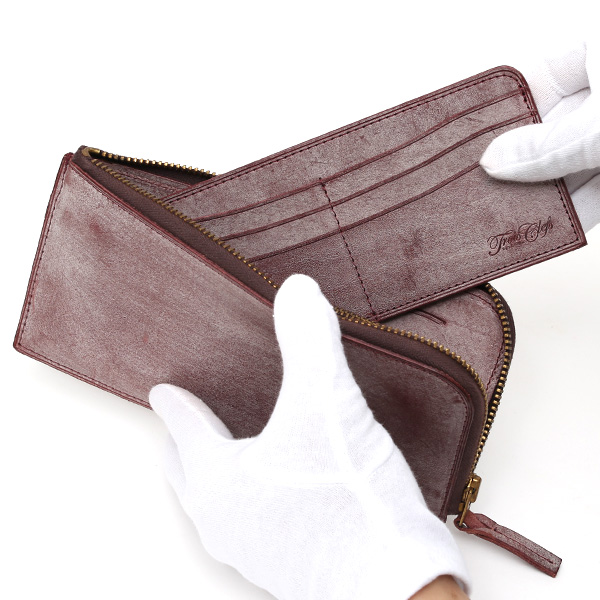  長財布 メンズ 本革 レザー ラウンドファスナー レッド ワイン 赤色 小銭入れあり 薄型 薄まち コインケース トワクレ(Trois Clefs)