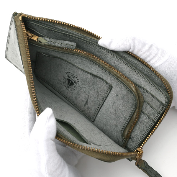  長財布 メンズ 本革 レザー ラウンドファスナー グリーン 緑色 小銭入れあり 薄型 薄まち コインケース トワクレ(Trois Clefs)