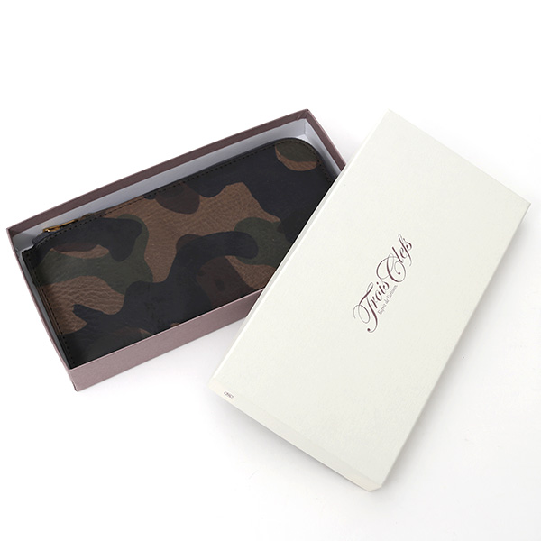 長財布 メンズ 本革 レザー ラウンドファスナー 迷彩柄 カモフラージュ グリーン 緑色 小銭入れあり 薄型 薄まち コインケース トワクレ(Trois Clefs)