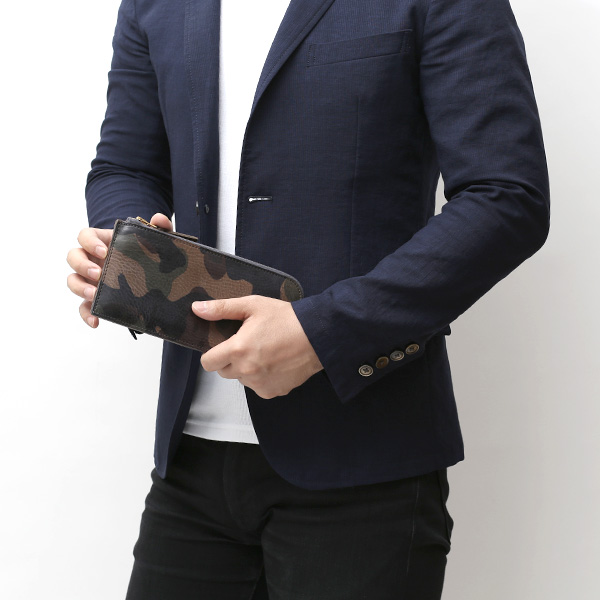 長財布 メンズ 本革 レザー ラウンドファスナー 迷彩柄 カモフラージュ グリーン 緑色 小銭入れあり 薄型 薄まち コインケース トワクレ(Trois Clefs)