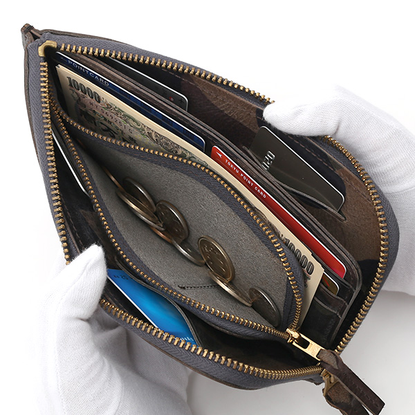 長財布 メンズ 本革 レザー ラウンドファスナー 迷彩柄 カモフラージュ グリーン 緑色 小銭入れあり 薄型 薄まち コインケース トワクレ(Trois Clefs)