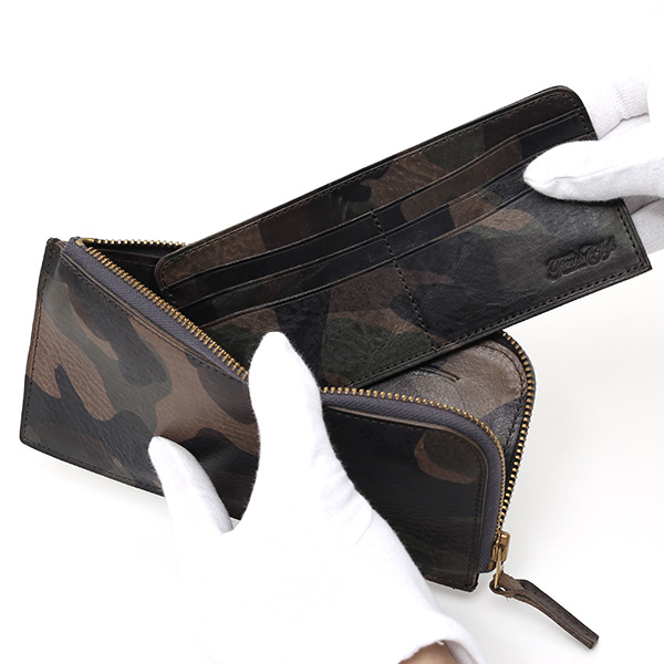 長財布 メンズ 本革 レザー ラウンドファスナー 迷彩柄 カモフラージュ グリーン 緑色 小銭入れあり 薄型 薄まち コインケース トワクレ(Trois Clefs)
