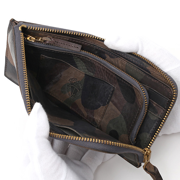 長財布 メンズ 本革 レザー ラウンドファスナー 迷彩柄 カモフラージュ グリーン 緑色 小銭入れあり 薄型 薄まち コインケース トワクレ(Trois Clefs)