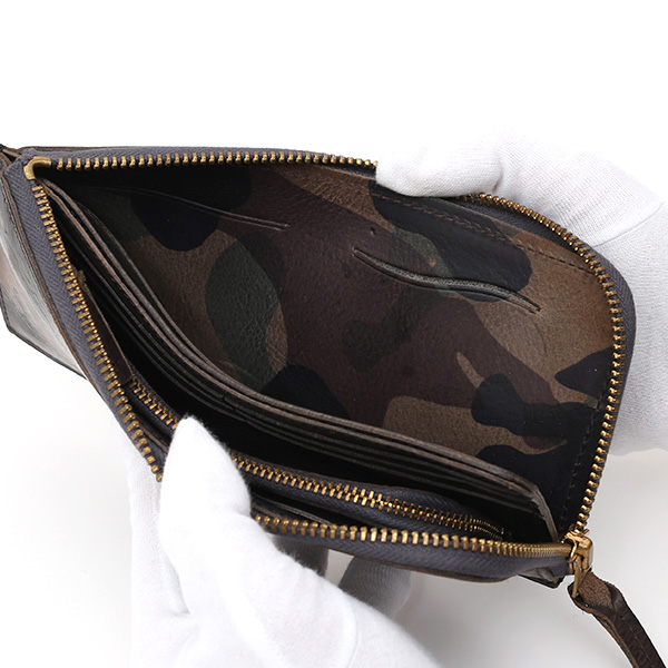 長財布 メンズ 本革 レザー ラウンドファスナー 迷彩柄 カモフラージュ グリーン 緑色 小銭入れあり 薄型 薄まち コインケース トワクレ(Trois Clefs)