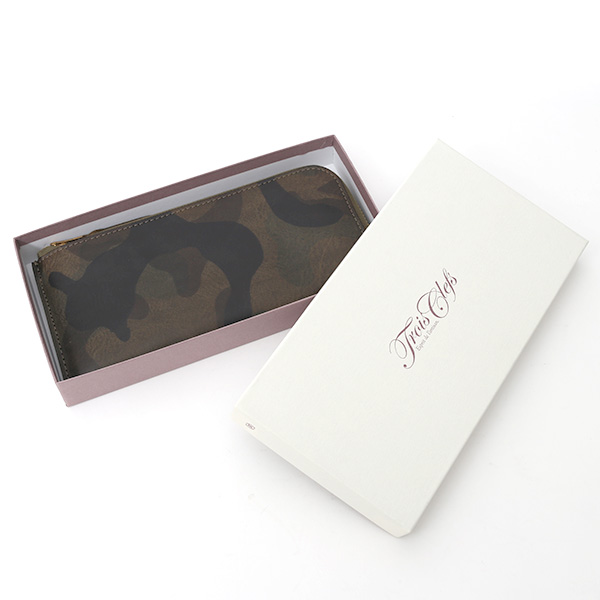  長財布 メンズ 本革 レザー ラウンドファスナー 迷彩柄 カモフラージュ グリーン 緑色 小銭入れあり 薄型 薄まち コインケース トワクレ(Trois Clefs)