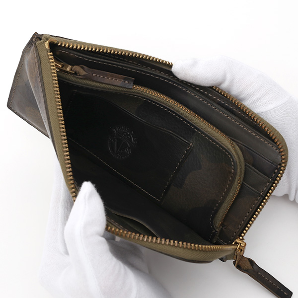  長財布 メンズ 本革 レザー ラウンドファスナー 迷彩柄 カモフラージュ グリーン 緑色 小銭入れあり 薄型 薄まち コインケース トワクレ(Trois Clefs)