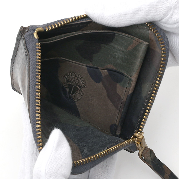  財布 ミニ 本革 レザー 迷彩柄 カモフラージュ グリーン 緑色 サイフ 薄マチ メンズ 小銭入れ 二つ折り財布 コインケース トワクレ(Trois Clefs)