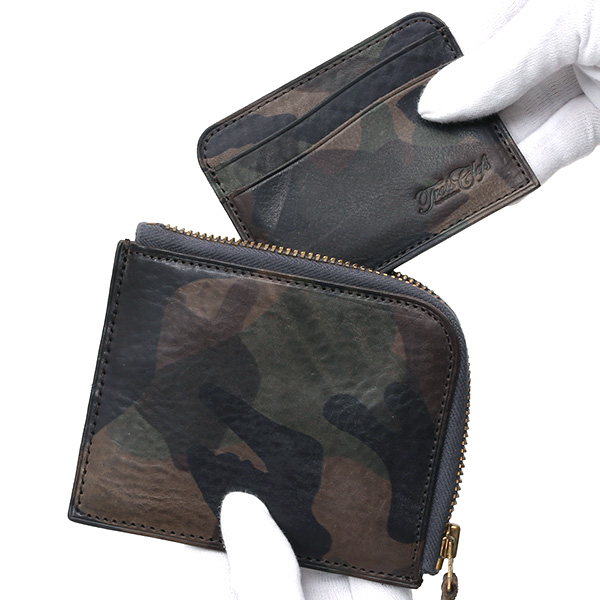  財布 ミニ 本革 レザー 迷彩柄 カモフラージュ グリーン 緑色 サイフ 薄マチ メンズ 小銭入れ 二つ折り財布 コインケース トワクレ(Trois Clefs)