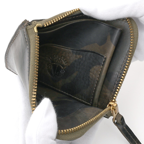  財布 ミニ 本革 レザー 迷彩柄 カモフラージュ グリーン 緑色 サイフ 薄マチ メンズ 小銭入れ 二つ折り財布 コインケース トワクレ(Trois Clefs)