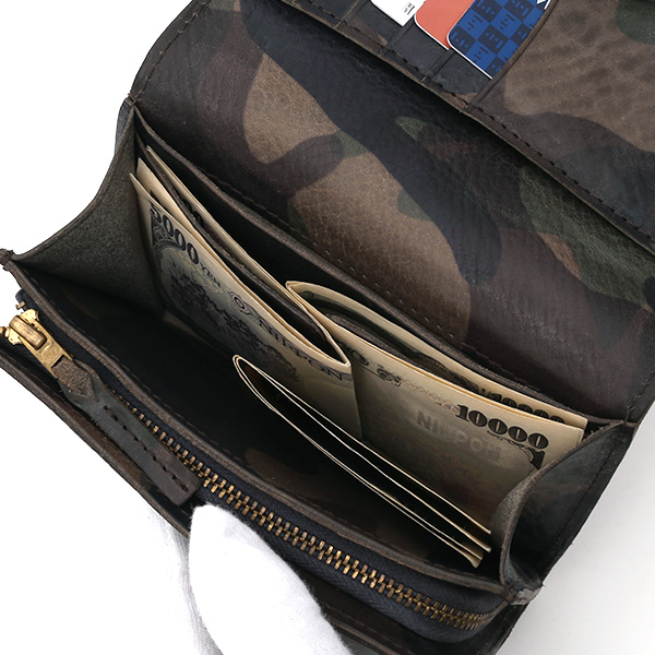  財布 迷彩柄 本革 レザー 迷彩柄 カモフラージュ グリーン 緑色 長財布 ミリタリー アメカジ サイフ カモフラージュ トワクレ(Trois Clefs)
