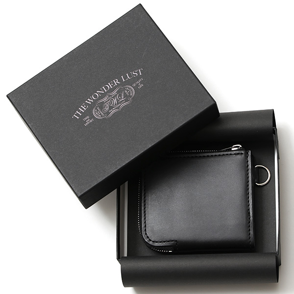  THE WONDER LUST(ワンダーラスト) 日本製 本革 ミニ財布 メンズ ブラック 黒 黒色 Dカン付き チェーン ネックストラップ 取り付け可能 コンパクト 小銭入れ あり プレゼント ブッテーロ レザー ウォレット 国産 ブランド 二つ折り L字ファスナー