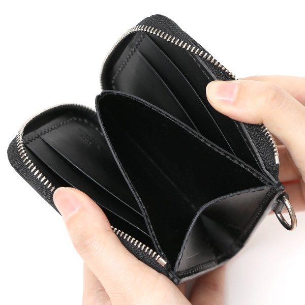  THE WONDER LUST(ワンダーラスト) 日本製 本革 ミニ財布 メンズ ブラック 黒 黒色 Dカン付き チェーン ネックストラップ 取り付け可能 コンパクト 小銭入れ あり プレゼント ブッテーロ レザー ウォレット 国産 ブランド 二つ折り L字ファスナー