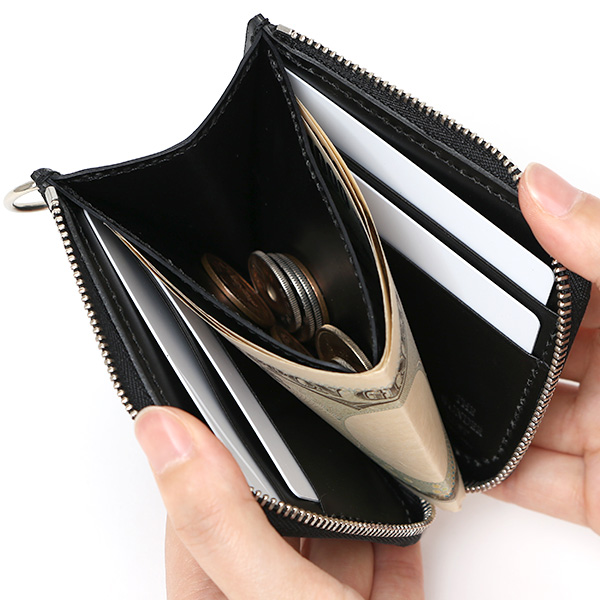  THE WONDER LUST(ワンダーラスト) 日本製 本革 ミニ財布 メンズ ブラック 黒 黒色 Dカン付き チェーン ネックストラップ 取り付け可能 コンパクト 小銭入れ あり プレゼント ブッテーロ レザー ウォレット 国産 ブランド 二つ折り L字ファスナー