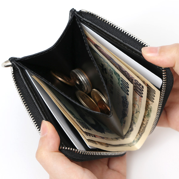  THE WONDER LUST(ワンダーラスト) 日本製 本革 ミニ財布 メンズ ブラック 黒 黒色 Dカン付き チェーン ネックストラップ 取り付け可能 コンパクト 小銭入れ あり プレゼント ブッテーロ レザー ウォレット 国産 ブランド 二つ折り L字ファスナー