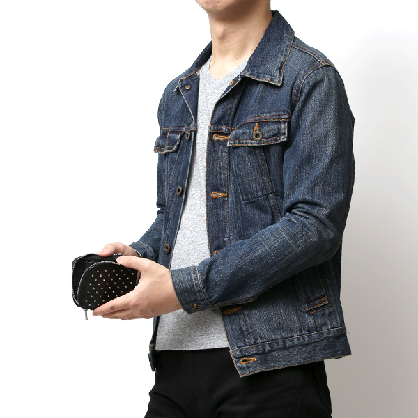  THE WONDER LUST(ワンダーラスト) 日本製 本革 スタッズ ミニ財布 メンズ ブラック 黒 黒色 Dカン付き チェーン ネックストラップ 可能 コンパクト 小銭入れ あり プレゼント ブッテーロ スタンダードリベット レザー ウォレット ブランド