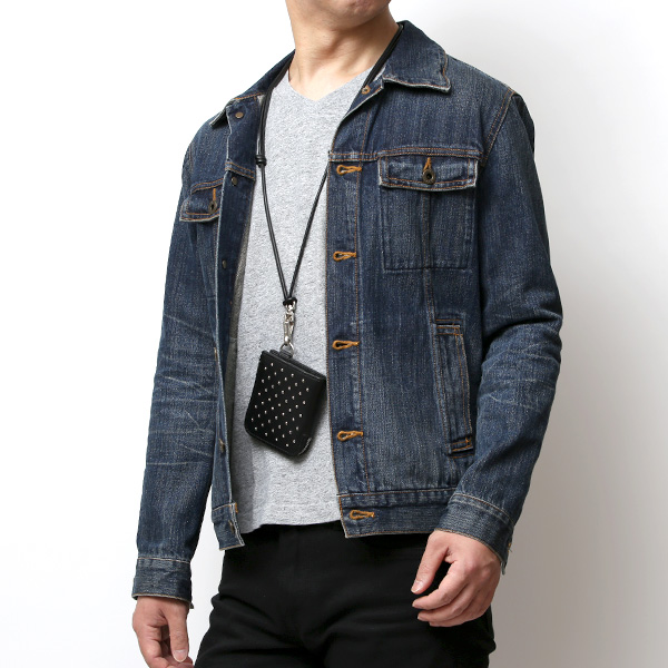  THE WONDER LUST(ワンダーラスト) 日本製 本革 スタッズ ミニ財布 メンズ ブラック 黒 黒色 Dカン付き チェーン ネックストラップ 可能 コンパクト 小銭入れ あり プレゼント ブッテーロ スタンダードリベット レザー ウォレット ブランド