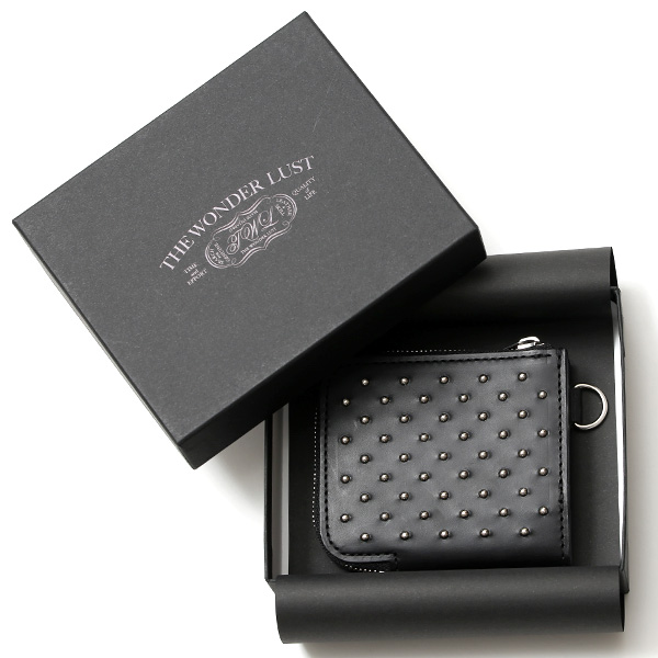  THE WONDER LUST(ワンダーラスト) 日本製 本革 スタッズ ミニ財布 メンズ ブラック 黒 黒色 Dカン付き チェーン ネックストラップ 可能 コンパクト 小銭入れ あり プレゼント ブッテーロ スタンダードリベット レザー ウォレット ブランド