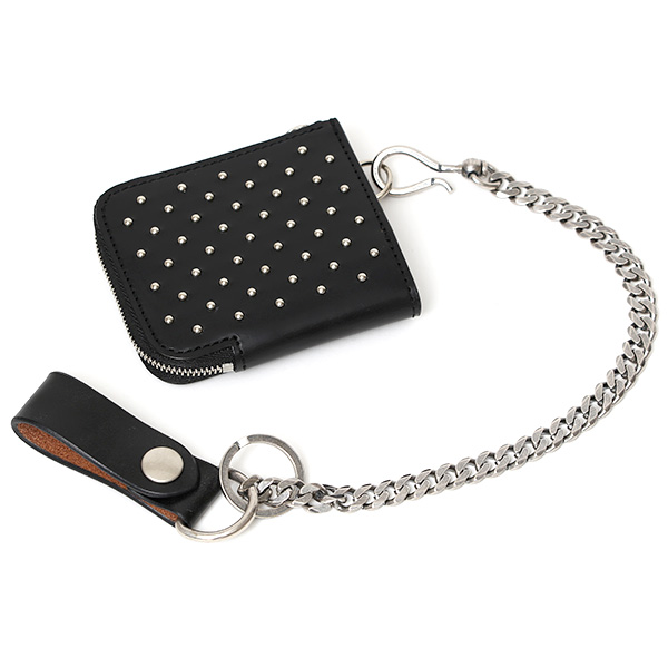  THE WONDER LUST(ワンダーラスト) 日本製 本革 スタッズ ミニ財布 メンズ ブラック 黒 黒色 Dカン付き チェーン ネックストラップ 可能 コンパクト 小銭入れ あり プレゼント ブッテーロ スタンダードリベット レザー ウォレット ブランド