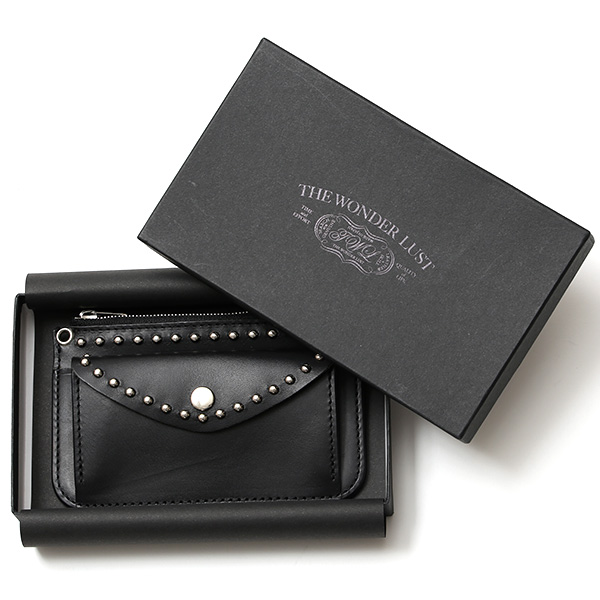  THE WONDER LUST(ワンダーラスト) 日本製 本革 スタッズ ミニ財布 メンズ ブラック 黒 黒色 丸カン付き チェーン ネックストラップ 可能 コンパクト 小銭入れ あり プレゼント ブッテーロ スタンダードリベット レザー ウォレット ブランド